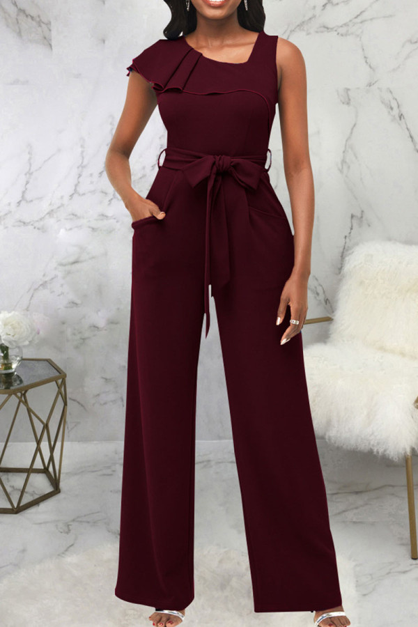 Burgundy Casual Solid Patchwork Flounce Asymmetrical Straight Jumpsuits