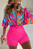Rose Red Fashion Casual Print Patchwork V Neck Half Sleeve Two Pieces