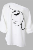 White Fashion Casual Print Patchwork Oblique Collar Tops