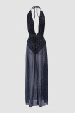 Blue Sexy Formal Patchwork Bandage Backless Slit Halter Evening Dress Dresses