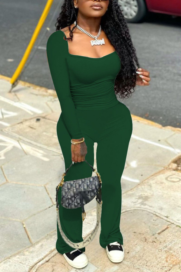 Ink Green Casual Solid Patchwork Square Collar Long Sleeve Two Pieces