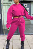 Rose Red Casual Solid Patchwork Draw String Hooded Collar Long Sleeve Two Pieces