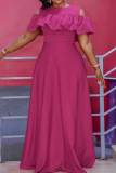 Rose Red Casual Elegant Solid Patchwork Flounce Fold O Neck Long Dress Dresses
