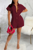 Black Casual Solid Patchwork Buckle Turndown Collar Straight Rompers
