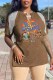 Coffee Fashion Street Character Print Patchwork V Neck T-Shirts