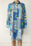 Blue Casual Print Patchwork Buckle Turndown Collar Shirt Dress Dresses(Without Belt)