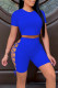 Blue Sexy Solid Bandage Hollowed Out Patchwork O Neck Short Sleeve Two Pieces