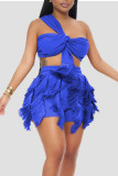 Blue Sexy Solid Tassel Bandage Patchwork Asymmetrical Collar Sleeveless Two Pieces