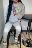 Grey Fashion Casual Print Basic Hooded Collar Tops