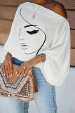 White Fashion Casual Print Patchwork Oblique Collar Tops