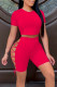 Red Sexy Solid Bandage Hollowed Out Patchwork O Neck Short Sleeve Two Pieces