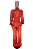 Red Fashion Casual Solid Bandage Patchwork Turndown Collar Long Sleeve Two Pieces