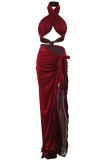 Rose Red Sexy Solid Tassel Bandage Patchwork Asymmetrical Halter Sleeveless Two Pieces