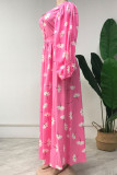 Pink Casual Print Patchwork Slit V Neck Straight Dresses