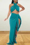 Rose Red Sexy Solid Tassel Bandage Patchwork Asymmetrical Halter Sleeveless Two Pieces
