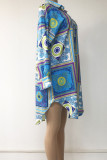 Blue Casual Print Patchwork Buckle Turndown Collar Shirt Dress Dresses(Without Belt)