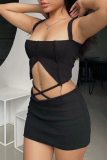 Black Sexy Solid Hollowed Out Square Collar Sleeveless Two Pieces