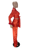 Red Fashion Casual Solid Bandage Patchwork Turndown Collar Long Sleeve Two Pieces