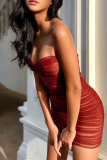 Brownness Sexy Solid Patchwork Strapless Pencil Skirt Dresses