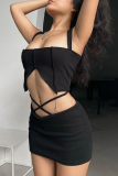 Black Sexy Solid Hollowed Out Square Collar Sleeveless Two Pieces