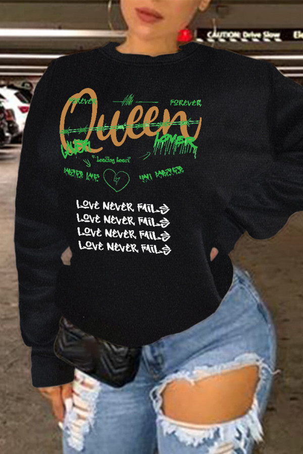 Black Fashion Casual Letter Print Basic O Neck Tops