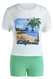 Green Casual Print Patchwork O Neck Short Sleeve Two Pieces
