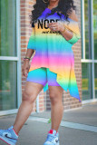 Blue Casual Print Patchwork Asymmetrical Oblique Collar Three Quarter Two Pieces
