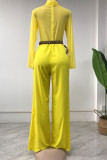 Yellow Sexy Print Solid Patchwork Turtleneck Straight Jumpsuits(Without Belt)