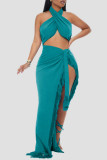 Green Sexy Solid Tassel Bandage Patchwork Asymmetrical Halter Sleeveless Two Pieces
