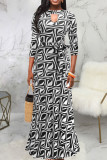 Black Casual Print Bandage Hollowed Out Patchwork O Neck Straight Dresses
