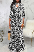 White Casual Print Bandage Hollowed Out Patchwork O Neck Straight Dresses