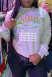 Grey Fashion Casual Letter Print Basic O Neck Tops