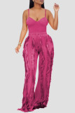 Rose Red Sexy Solid Tassel Patchwork Spaghetti Strap Sleeveless Two Pieces