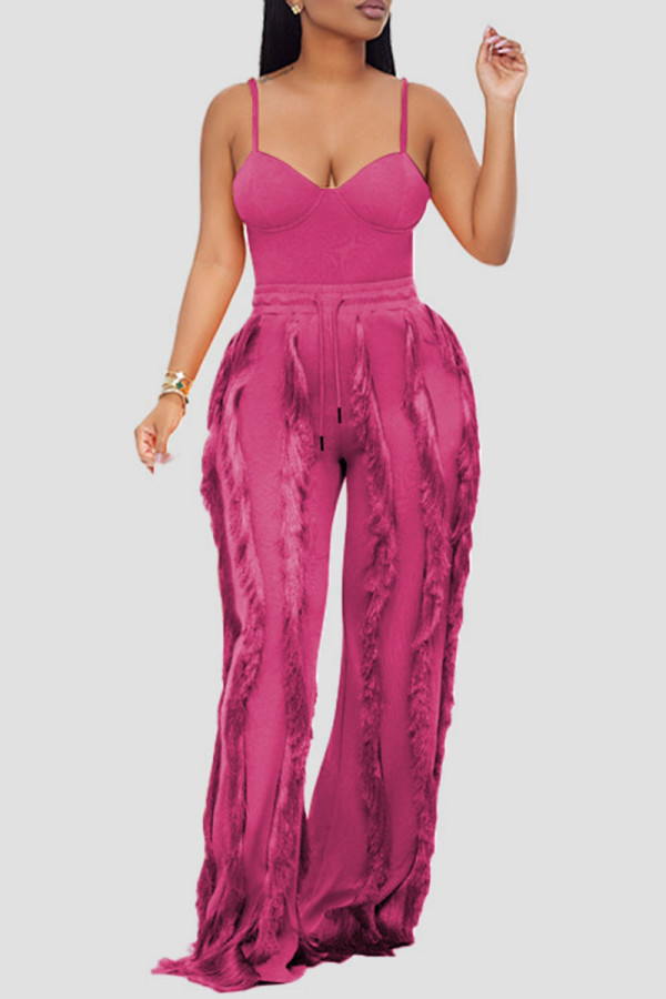 Rose Red Sexy Solid Tassel Patchwork Spaghetti Strap Sleeveless Two Pieces