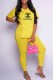 Yellow Fashion Casual Print Slit Letter V Neck Short Sleeve Two Pieces