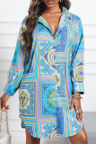 Blue Casual Print Patchwork Buckle Turndown Collar Shirt Dress Dresses(Without Belt)