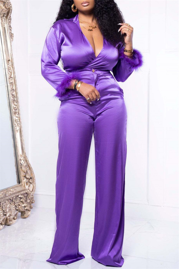 Purple Fashion Casual Solid Bandage Patchwork Turndown Collar Long Sleeve Two Pieces