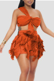 Blue Sexy Solid Tassel Bandage Patchwork Asymmetrical Collar Sleeveless Two Pieces