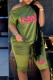 Army Green Casual Print Patchwork Oblique Collar Short Sleeve Two Pieces