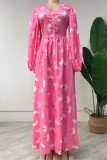 Pink Casual Print Patchwork Slit V Neck Straight Dresses
