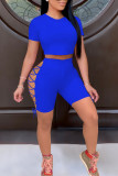 Red Sexy Solid Bandage Hollowed Out Patchwork O Neck Short Sleeve Two Pieces