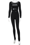 Black Sexy Solid Hollowed Out Square Collar Long Sleeve Two Pieces