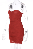 Brownness Sexy Solid Patchwork Strapless Pencil Skirt Dresses