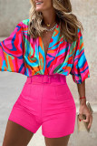 Rose Red Fashion Casual Print Patchwork V Neck Half Sleeve Two Pieces