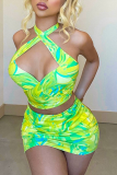 Green Sexy Print Patchwork Halter Sleeveless Two Pieces