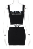 Black Sexy Solid Hollowed Out Square Collar Sleeveless Two Pieces