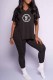 Black Fashion Casual Print Slit Letter V Neck Short Sleeve Two Pieces