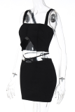 Black Sexy Solid Hollowed Out Square Collar Sleeveless Two Pieces