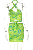 Green Sexy Print Patchwork Halter Sleeveless Two Pieces