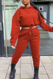 Rose Red Casual Solid Patchwork Draw String Hooded Collar Long Sleeve Two Pieces